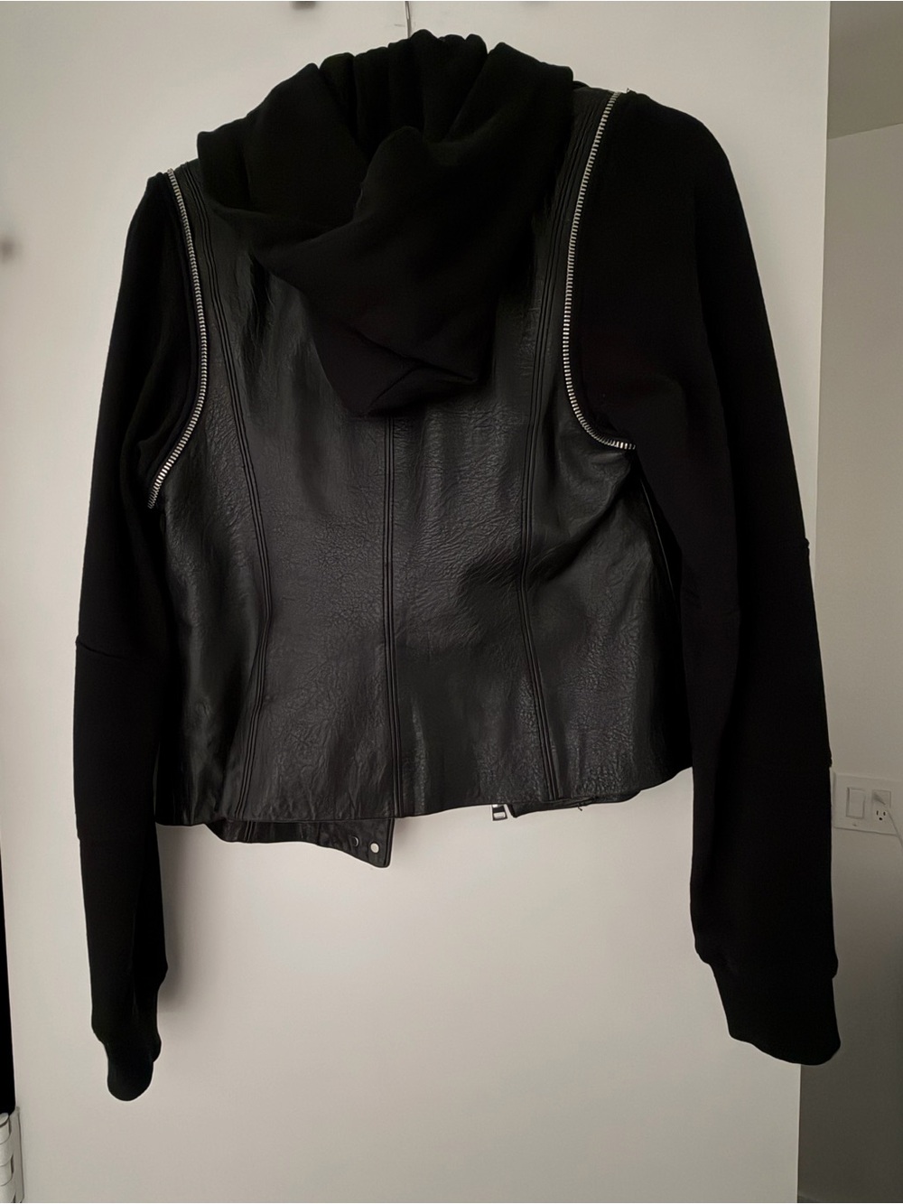 Vince Black Leather Moto Jacket with Hooded Knit Sleeves - Picture 5 of 9